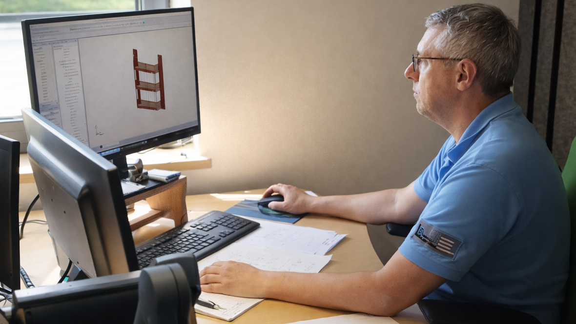 Konstrukteur-Techniker im Stahl- und Metallbau arbeitet am Schreibtisch mit CAD-Software und plant eine Stahlkonstruktion am Computer bei Heinrich Leinfelder in Neuburg